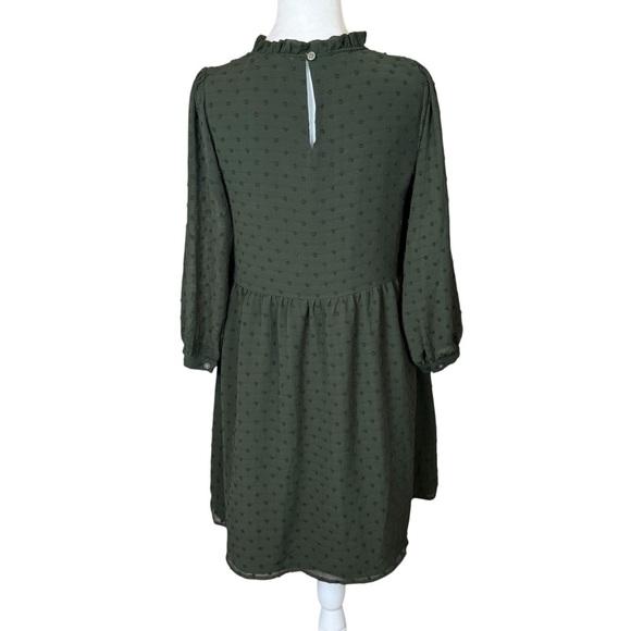 Loft Army Green Long Sleeved Swiss Dot Swing Dress Small Petite Casual Modest - Picture 5 of 12